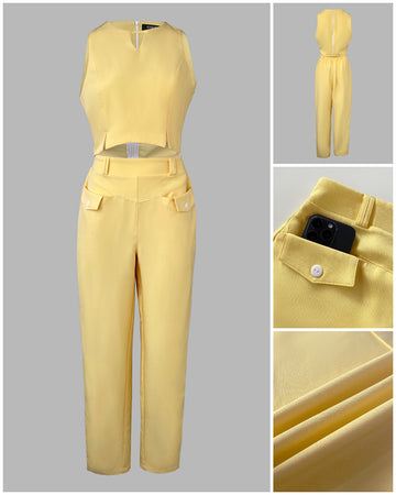 Cold Shoulder Sleeveless Hollow out Top and Casual Pants Set with Pocket